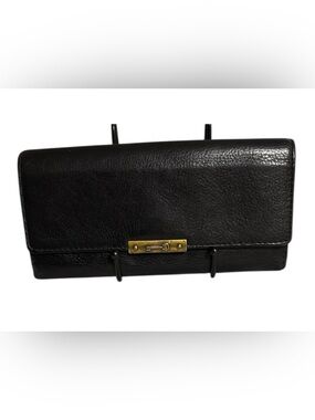Fossil Black Leather Tri-Fold Wallet Antiqued Brass Key Charm Clasp Organizer